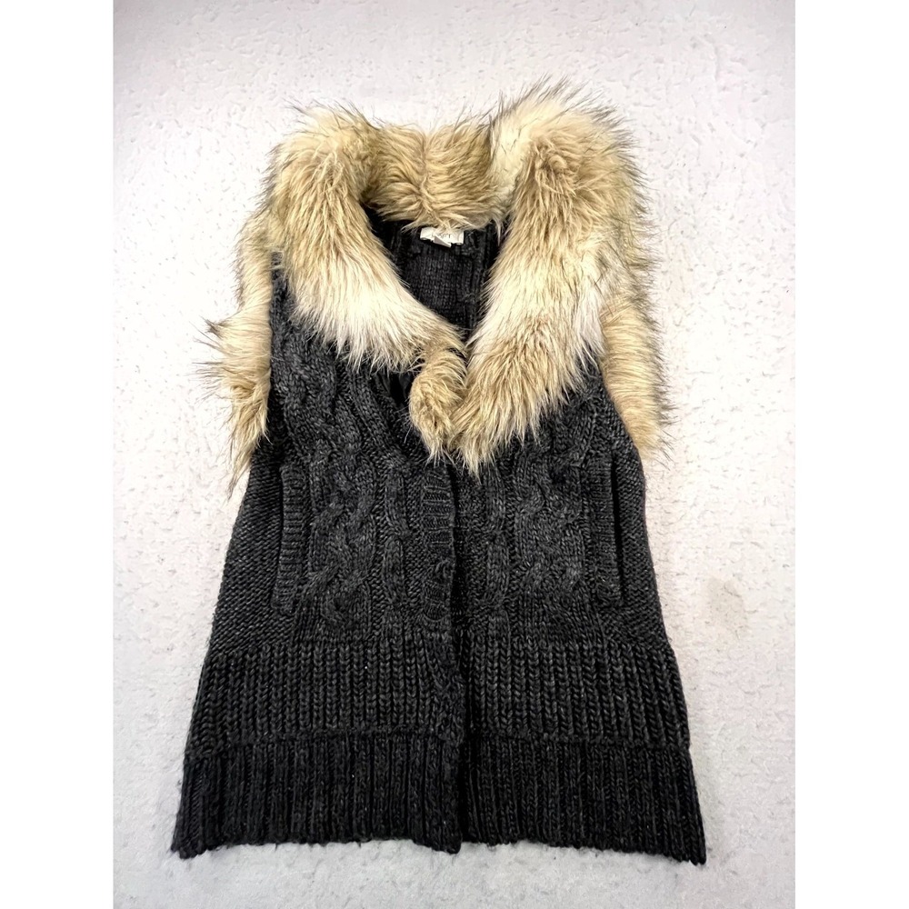 Ann Taylor Loft Sweater Vest Womens Small Gray Wool Faux Fur Trim Cable Knit‎